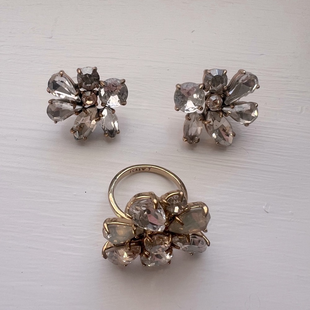 JCrew Elegant Crystal Flower Ring and Earrings